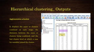 Hierarchical clustering_ Outputs
Agglomeration schedule
It displays the cases or clusters
combined at each stage, the
distances between the cases or
clusters being combined, and the
last cluster level at which a case
(or variable) joined the cluster.
 
