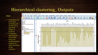 Hierarchical clustering_ Outputs
Icicle
✓ It displays an
icicle plot,
including all
clusters or a
specified
range of
clusters.
✓ It displays
information
about how
cases are
combined into
clusters at
each iteration
of the
analysis.
 