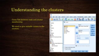 Understanding the clusters
Cross Tab between rank and cluster
membership
We need to give suitable names to the
clusters.
 