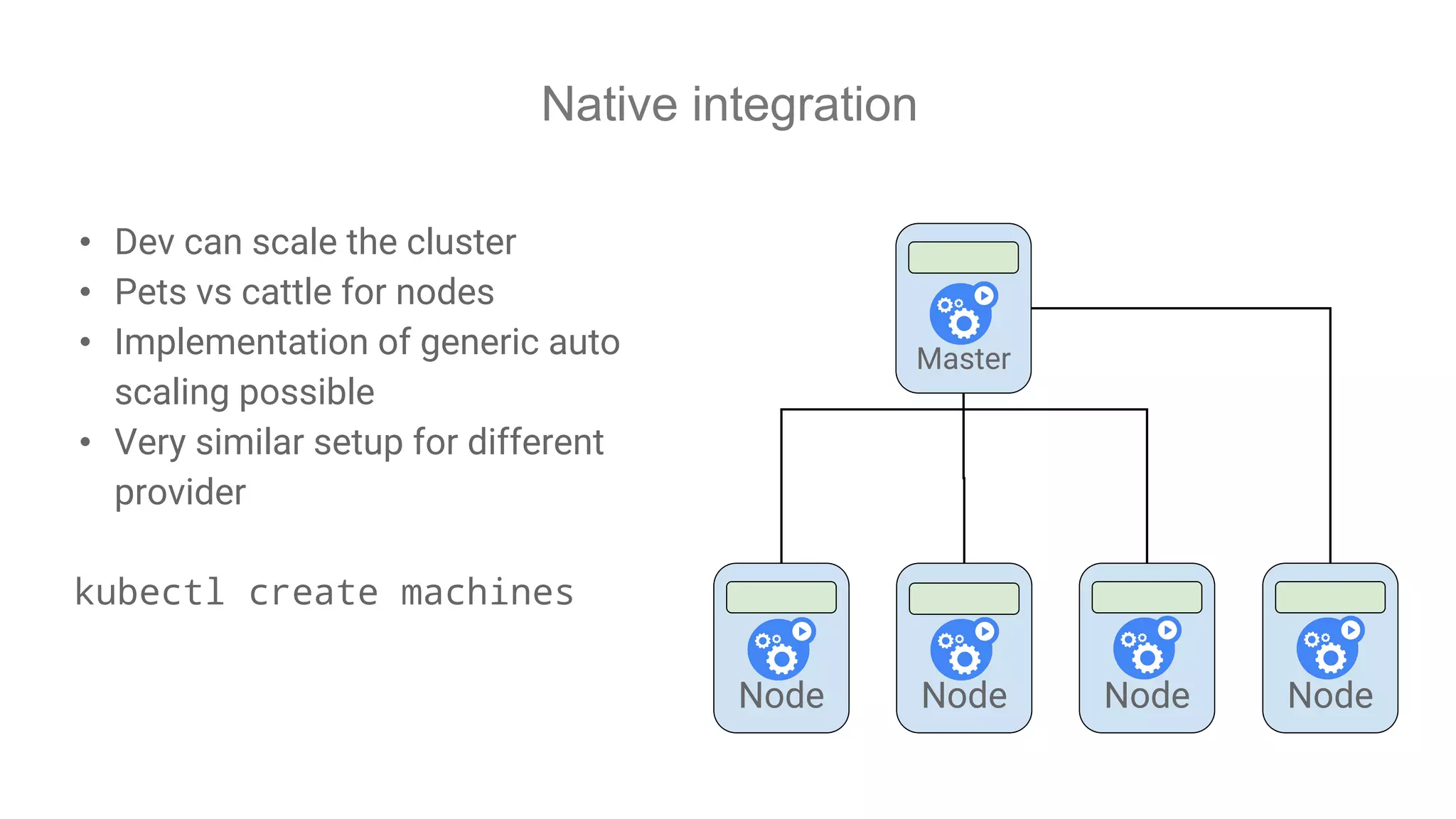 Native integration
• Dev can scale the cluster
• Pets vs cattle for nodes
• Implementation of generic auto
scaling possible
• Very similar setup for different
provider
kubectl create machines
Node Node Node
Master
Node
 