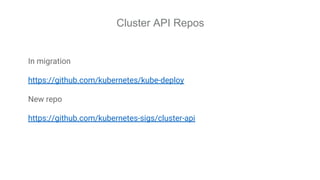 Cluster API Repos
In migration
https://github.com/kubernetes/kube-deploy
New repo
https://github.com/kubernetes-sigs/cluster-api
 