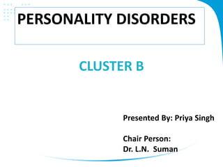 CLUSTER B
PERSONALITY DISORDERS
Presented By: Priya Singh
Chair Person:
Dr. L.N. Suman
 