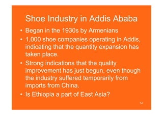Shoe Industry in Addis Ababa
• Began in the 1930s by Armenians
• 1,000 shoe companies operating in Addis,
  indicating that the quantity expansion has
  taken place.
• Strong indications that the quality
  improvement has just begun, even though
  the industry suffered temporarily from
  imports from China.
• Is Ethiopia a part of East Asia?
                                           12
 