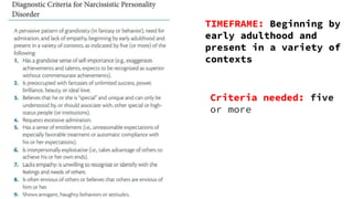 TIMEFRAME: Beginning by
early adulthood and
present in a variety of
contexts
Criteria needed: five
or more
 