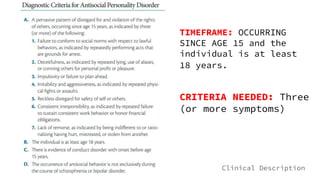 Clinical Description
TIMEFRAME: OCCURRING
SINCE AGE 15 and the
individual is at least
18 years.
CRITERIA NEEDED: Three
(or more symptoms)
 
