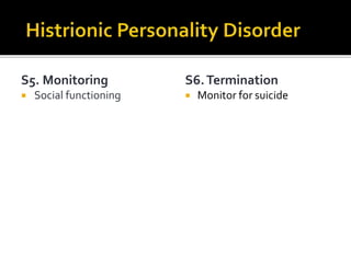 S5. Monitoring
 Social functioning
S6.Termination
 Monitor for suicide
 