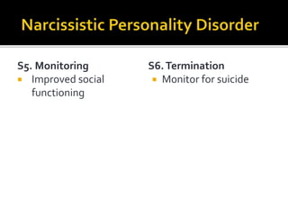S5. Monitoring
 Improved social
functioning
S6.Termination
 Monitor for suicide
 