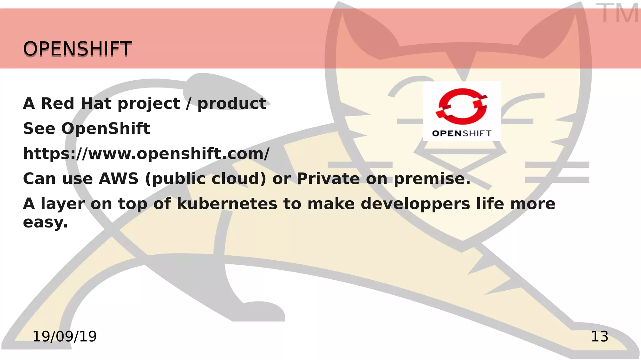 TM
1319/09/19
OPENSHIFTOPENSHIFT
A Red Hat project / product
See OpenShift
https://www.openshift.com/
Can use AWS (public cloud) or Private on premise.
A layer on top of kubernetes to make developpers life more
easy.
 