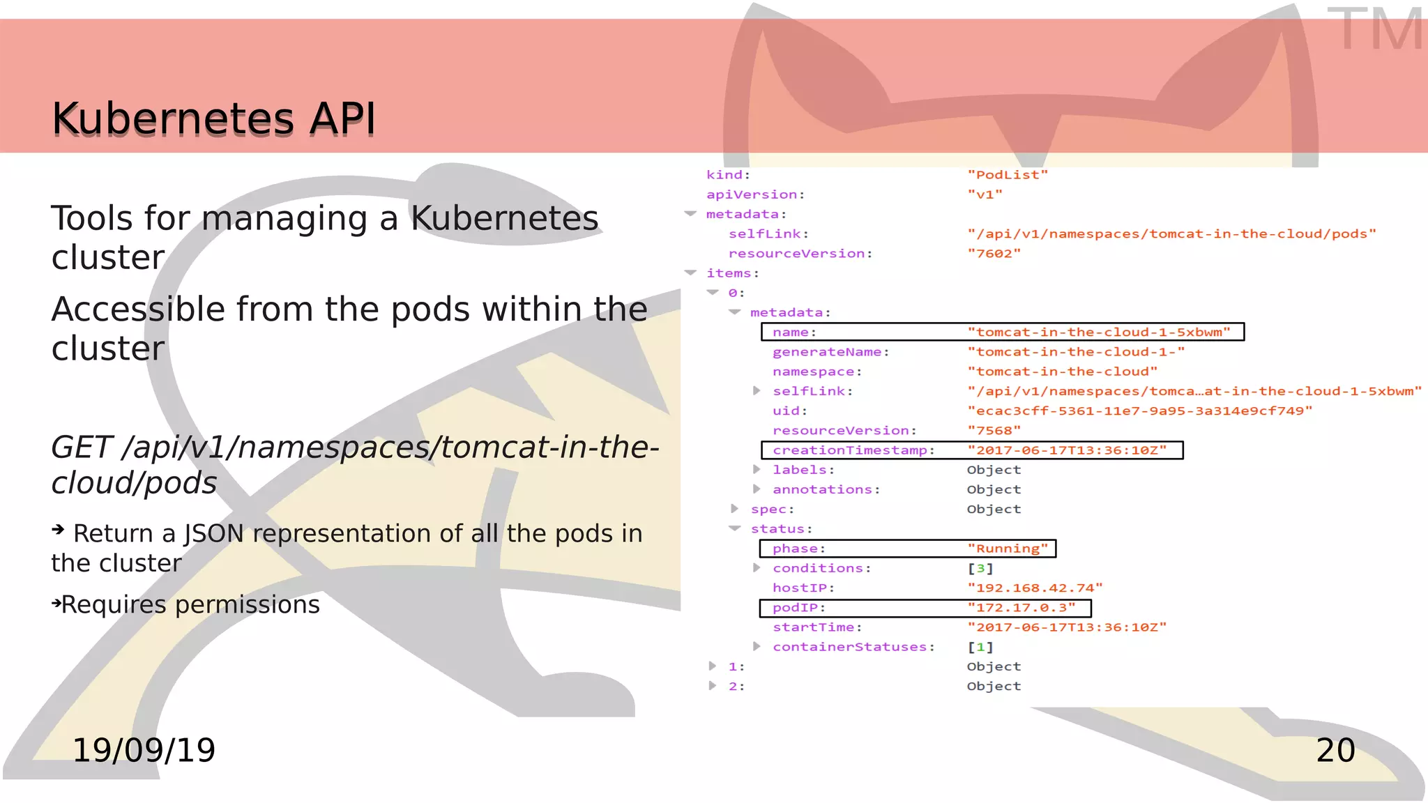 TM
2019/09/19
Kubernetes APIKubernetes API
Tools for managing a Kubernetes
cluster
Accessible from the pods within the
cluster
GET /api/v1/namespaces/tomcat-in-the-
cloud/pods
➔
Return a JSON representation of all the pods in
the cluster
➔
Requires permissions
 