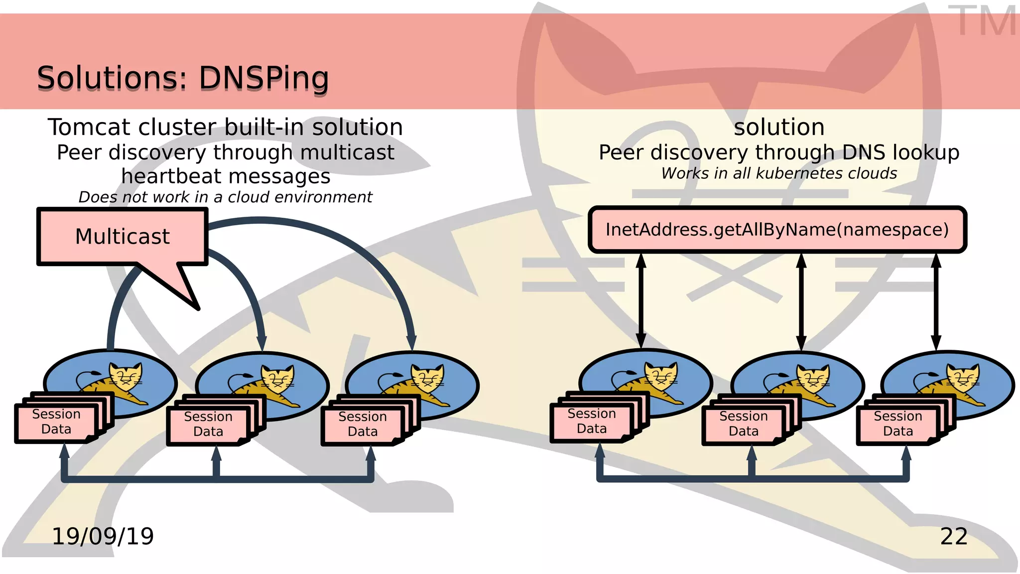 TM
2219/09/19
Solutions: DNSPingSolutions: DNSPing
Tomcat cluster built-in solution
Peer discovery through multicast
heartbeat messages
Does not work in a cloud environment
Session
Data
Session
Data
Session
Data
Session
Data
Session
Data
Session
Data
Multicast
solution
Peer discovery through DNS lookup
Works in all kubernetes clouds
InetAddress.getAllByName(namespace)
 