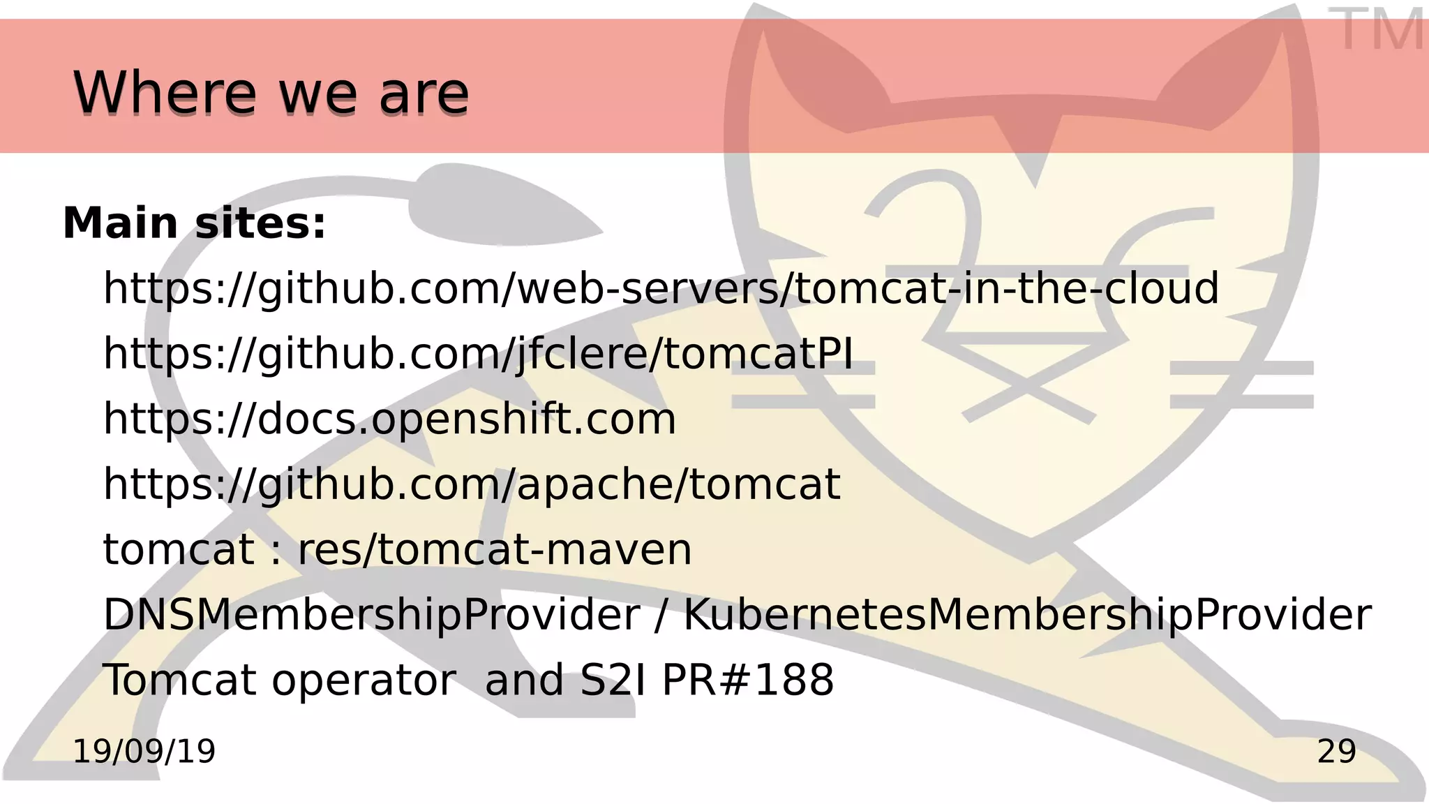 TM
2919/09/19
Where we areWhere we are
Main sites:
https://github.com/web-servers/tomcat-in-the-cloud
https://github.com/jfclere/tomcatPI
https://docs.openshift.com
https://github.com/apache/tomcat
tomcat : res/tomcat-maven
DNSMembershipProvider / KubernetesMembershipProvider
Tomcat operator and S2I PR#188
 