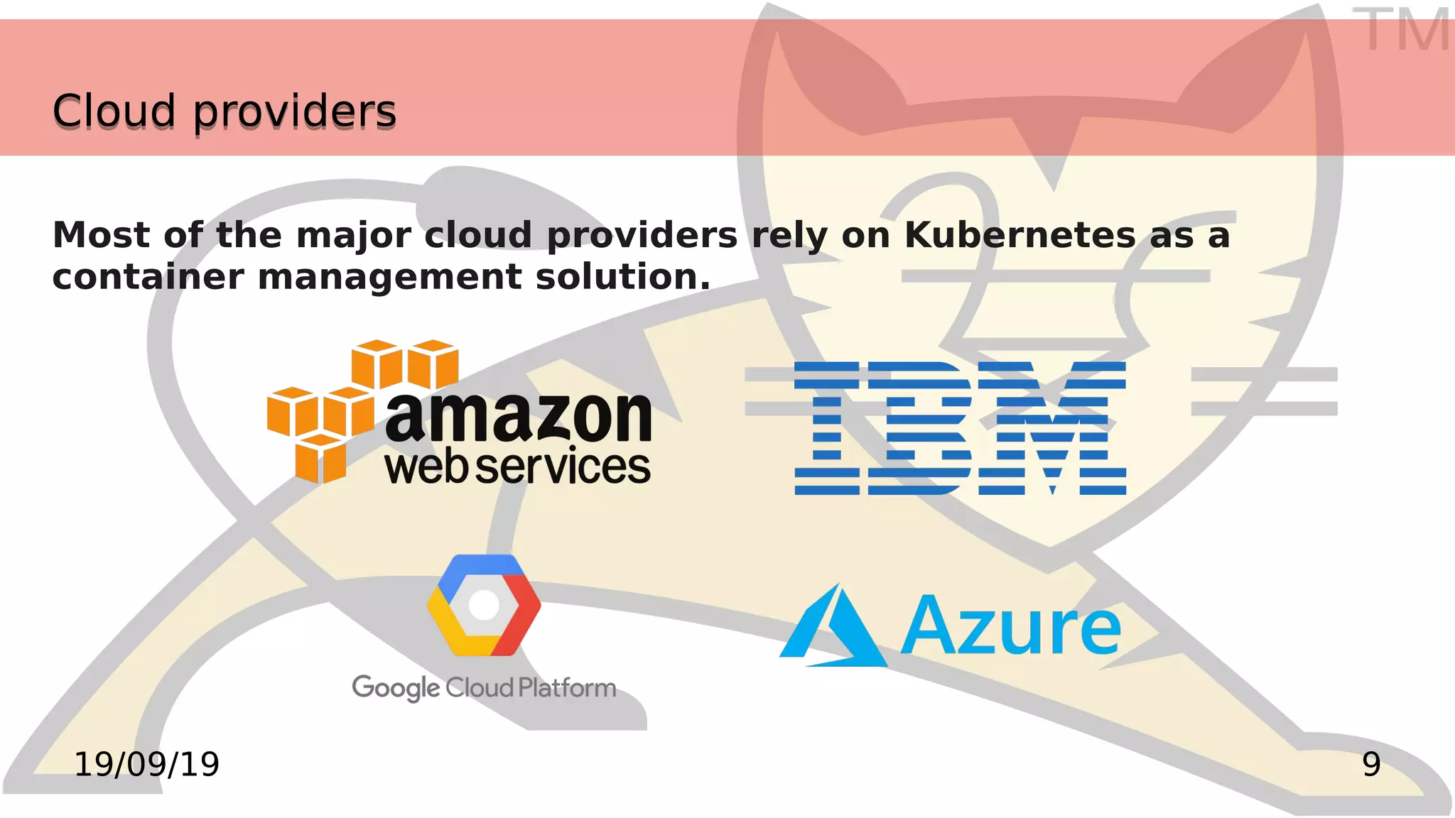 TM
919/09/19
Cloud providersCloud providers
Most of the major cloud providers rely on Kubernetes as a
container management solution.
 