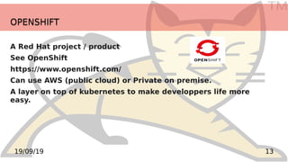 TM
1319/09/19
OPENSHIFTOPENSHIFT
A Red Hat project / product
See OpenShift
https://www.openshift.com/
Can use AWS (public cloud) or Private on premise.
A layer on top of kubernetes to make developpers life more
easy.
 