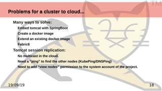 TM
1819/09/19
Problems for a cluster to cloud...Problems for a cluster to cloud...
Many ways to solve:
Embed tomcat with SpringBoot
Create a docker image
Extend an existing docker image
Fabric8
Tomcat session replication:
No multicast in the cloud.
Need a “ping” to find the other nodes (KubePing/DNSPing)
Need to add “view nodes” permission to the system account of the project.
 