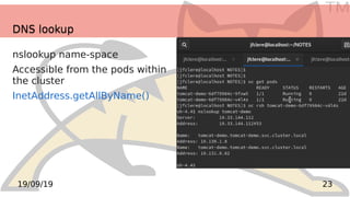 TM
2319/09/19
DNS lookupDNS lookup
nslookup name-space
Accessible from the pods within
the cluster
InetAddress.getAllByName()
 