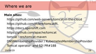 TM
2919/09/19
Where we areWhere we are
Main sites:
https://github.com/web-servers/tomcat-in-the-cloud
https://github.com/jfclere/tomcatPI
https://docs.openshift.com
https://github.com/apache/tomcat
tomcat : res/tomcat-maven
DNSMembershipProvider / KubernetesMembershipProvider
Tomcat operator and S2I PR#188
 