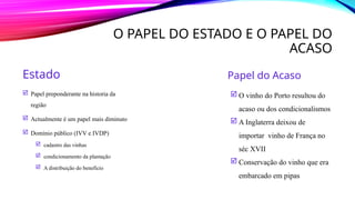 O PAPEL DO ESTADO E O PAPEL DO
ACASO
Estado
 Papel preponderante na historia da
região
 Actualmente é um papel mais diminuto
 Domínio público (IVV e IVDP)
 cadastro das vinhas
 condicionamento da plantação
 A distribuição do benefício
Papel do Acaso
 O vinho do Porto resultou do
acaso ou dos condicionalismos
 A Inglaterra deixou de
importar vinho de França no
séc XVII
 Conservação do vinho que era
embarcado em pipas
 