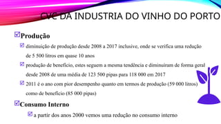 CVC DA INDUSTRIA DO VINHO DO PORTO
Produção
 diminuição de produção desde 2008 a 2017 inclusive, onde se verifica uma redução
de 5 500 litros em quase 10 anos
 produção de benefício, estes seguem a mesma tendência e diminuíram de forma geral
desde 2008 de uma média de 123 500 pipas para 118 000 em 2017
 2011 é o ano com pior desempenho quanto em termos de produção (59 000 litros)
como de benefício (85 000 pipas)
Consumo Interno
 a partir dos anos 2000 vemos uma redução no consumo interno
 