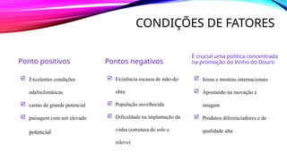 CONDIÇÕES DE FATORES
Ponto positivos
 Excelentes condições
edafoclimáticas
 castas de grande potencial
 paisagem com um elevado
potencial
Pontos negativos
 Existência escassa de mão-de-
obra
 População envelhecida
 Dificuldade na implantação da
vinha (estrutura do solo e
relevo)
É crucial uma politica concentrada
na promoção do Vinho do Douro
 feiras e mostras internacionais
 Apostando na inovação e
imagem
 Produtos diferenciadores e de
qualidade alta
 