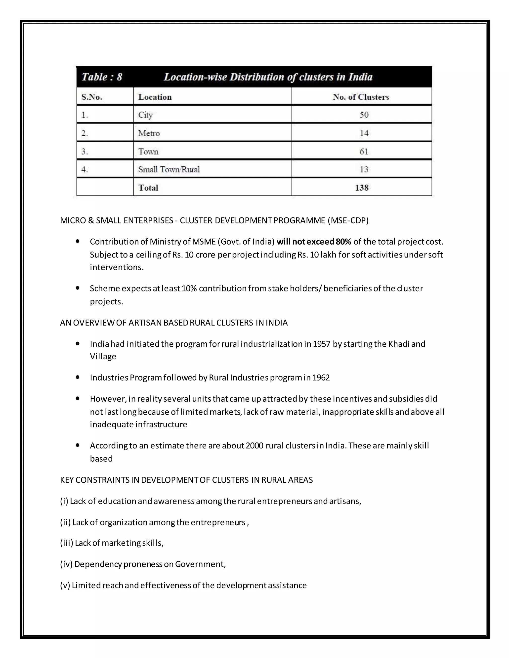 MICRO & SMALL ENTERPRISES - CLUSTER DEVELOPMENTPROGRAMME (MSE-CDP)
 Contributionof Ministryof MSME (Govt.of India) will notexceed80% of the total projectcost.
Subjecttoa ceilingof Rs.10 crore perprojectincludingRs.10 lakh for softactivitiesundersoft
interventions.
 Scheme expectsatleast10% contributionfromstake holders/beneficiariesof the cluster
projects.
AN OVERVIEWOF ARTISAN BASEDRURAL CLUSTERS IN INDIA
 Indiahad initiatedthe programforrural industrializationin1957 bystartingthe Khadi and
Village
 IndustriesProgramfollowedbyRural Industriesprogramin1962
 However,inrealityseveral unitsthatcame upattractedby these incentivesandsubsidiesdid
not lastlongbecause of limitedmarkets,lackof raw material,inappropriate skillsandabove all
inadequate infrastructure
 Accordingto an estimate there are about2000 rural clustersinIndia.These are mainlyskill
based
KEY CONSTRAINTSIN DEVELOPMENTOF CLUSTERS IN RURAL AREAS
(i) Lack of educationandawarenessamongthe rural entrepreneursandartisans,
(ii) Lackof organizationamongthe entrepreneurs,
(iii) Lackof marketingskills,
(iv) DependencypronenessonGovernment,
(v) Limitedreachandeffectivenessof the developmentassistance
 
