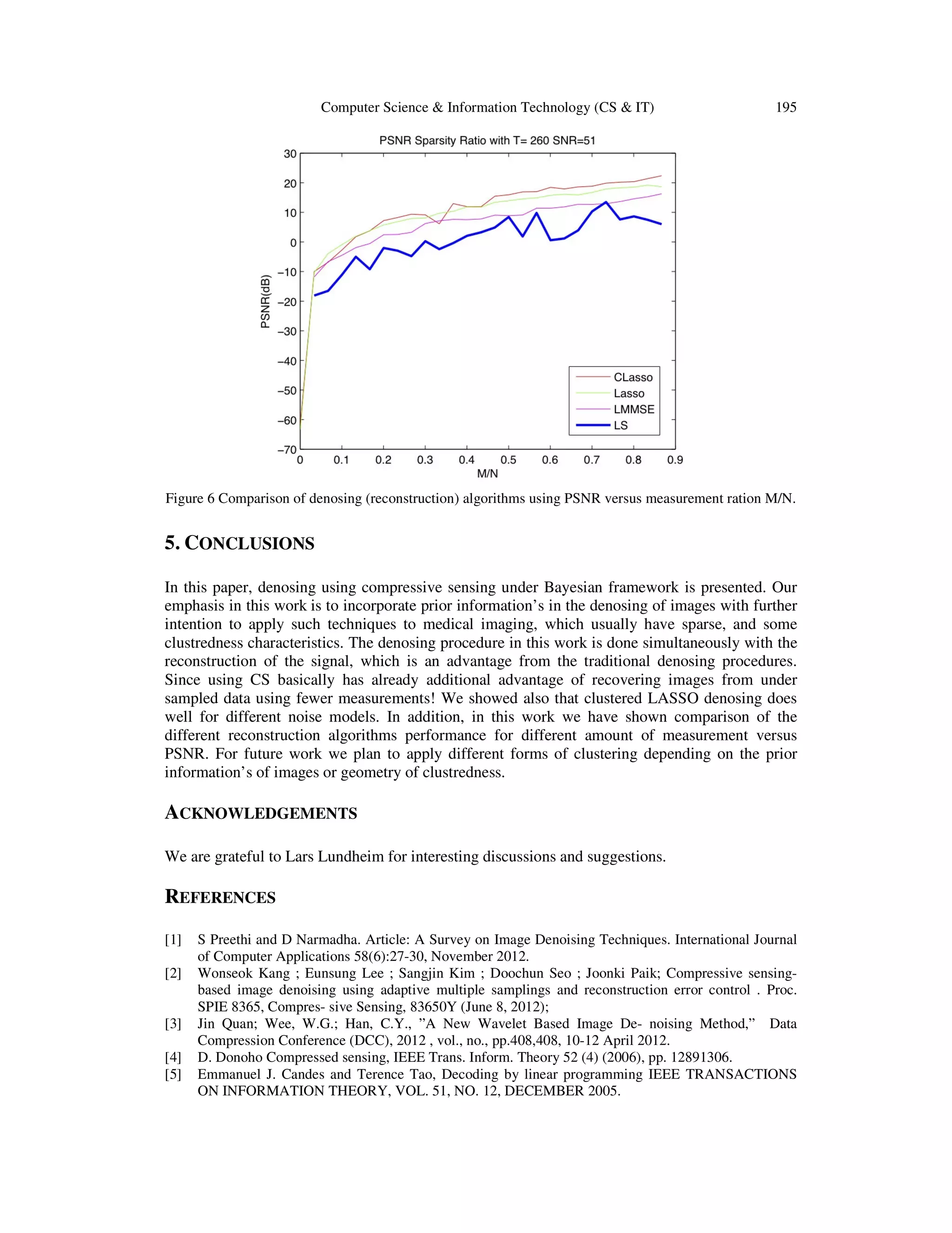 Computer Science & Information Technology (CS & IT) 195 Figure 6 Comparison of denosing (reconstruction) algorithms using PSNR versus measurement ration M/N. 5. CONCLUSIONS In this paper, denosing using compressive sensing under Bayesian framework is presented. Our emphasis in this work is to incorporate prior information’s in the denosing of images with further intention to apply such techniques to medical imaging, which usually have sparse, and some clustredness characteristics. The denosing procedure in this work is done simultaneously with the reconstruction of the signal, which is an advantage from the traditional denosing procedures. Since using CS basically has already additional advantage of recovering images from under sampled data using fewer measurements! We showed also that clustered LASSO denosing does well for different noise models. In addition, in this work we have shown comparison of the different reconstruction algorithms performance for different amount of measurement versus PSNR. For future work we plan to apply different forms of clustering depending on the prior information’s of images or geometry of clustredness. ACKNOWLEDGEMENTS We are grateful to Lars Lundheim for interesting discussions and suggestions. REFERENCES [1] S Preethi and D Narmadha. Article: A Survey on Image Denoising Techniques. International Journal of Computer Applications 58(6):27-30, November 2012. [2] Wonseok Kang ; Eunsung Lee ; Sangjin Kim ; Doochun Seo ; Joonki Paik; Compressive sensing- based image denoising using adaptive multiple samplings and reconstruction error control . Proc. SPIE 8365, Compres- sive Sensing, 83650Y (June 8, 2012); [3] Jin Quan; Wee, W.G.; Han, C.Y., ”A New Wavelet Based Image De- noising Method,” Data Compression Conference (DCC), 2012 , vol., no., pp.408,408, 10-12 April 2012. [4] D. Donoho Compressed sensing, IEEE Trans. Inform. Theory 52 (4) (2006), pp. 12891306. [5] Emmanuel J. Candes and Terence Tao, Decoding by linear programming IEEE TRANSACTIONS ON INFORMATION THEORY, VOL. 51, NO. 12, DECEMBER 2005. 