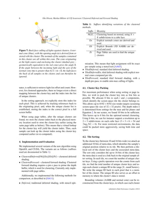 6 Ola Olsson, Markus Billeter  Ulf Assarsson / Clustered Deferred and Forward Shading
α a
ω
δ
dl
Figure 7: Back-face culling of lights against clusters. A nor-
mal cone (blue), with the opening angle α is derived from or
stored with the cluster. The normals of the samples contained
in this cluster are all within this cone. The cone originating
at the light source and enclosing the cluster (dashed grey –
geometrically equivalent to the red cone) gives the angle δ.
If the angle between the incoming light and the axis of the
normal cone (ω) is greater than π/2+α+δ, the light faces
the back of all samples in the cluster, and can therefore be
ignored.
nates, is sufficient to retrieve light-list offset and count. How-
ever, for clustered approaches, there no longer exists a direct
mapping between the cluster key and the index into the list
of unique clusters.
In the sorting approach, we explicitly store this index for
each pixel. This is achieved by tracking references back to
the originating pixel, and, when the unique cluster list is
established, storing the index to the correct pixel in a full
screen buffer.
When using page tables, after the unique clusters are
found, we store the cluster index back to the physical mem-
ory location used to store the cluster key earlier (using the
same page table as before). This means that a virtual lookup
for the cluster key will yield the cluster index. Thus, each
sample can look up the cluster index using the cluster key
computed earlier (or re-computed).
4. Implementation and Evaluation
We implemented several variants of the new algorithm using
OpenGL and CUDA. The variants are as follows (suffixes
used are documented in Table 1):
• ClusteredDeferred[Nk][En][Eb][Pt] – clustered deferred
shading.
• ClusteredForward – clustered forward shading. Clustered
forward shading requires a pre-z pass to prime the depth
buffer, which is used for clustering. Currently only imple-
mented with page tables.
Additionally, we implemented the following methods for
comparison, as described in [OA11]:
• Deferred, traditional deferred shading, with stencil opti-
Table 1: Suffixes identifying variations of the clustered
methods.
Suffix Meaning
Nk[X] Clustering based on normal, using X ×
X subdivisions to a cube face.
En Explicit normals cones are derived and
used.
Eb Explicit Bounds (3D AABB) are de-
rived and used.
Pt Page Tables are used to find the unique
clusters
mization. This means that light assignment will be exact
per sample using a stencil test [AA03].
• TiledDeferred, standard tiled deferred shading.
• TiledDeferredEn, tiled deferred shading with explicit nor-
mal cones computed per tile.
• TiledForward, standard tiled forward shading, with a
depth pre-pass, to enable min-max culling of lights.
4.1. Cluster Key Packing
For maximum performance when using sorting or page ta-
bles, we wish to pack the cluster key into as few bits as
possible. We allocate 8 bits to each i and j components,
which identify the screen-space tile the cluster belongs to.
This allows up to 8192×8192 size render targets (assuming
screen-space tile size of 32 × 32 pixels). The depth index k
is determined from settings for the near and far planes and
Equation 2. In our scenes, we found 10 bits to be sufficient.
This leaves up to 6 bits for the optional normal clustering.
Using 6 bits, we can for instance support a resolution up to
3 × 3 subdivisions on each cube face (3 × 3 × 6 = 54 and
dlog2 54e = 6). For more restricted environments, the data
could be packed more aggressively, saving both time and
space.
4.2. Tile Sorting
To the cluster key (between 10 and 16 bits wide) we attach an
additional 10 bits of meta-data, which identifies the sample’s
original position relative to its tile. We then perform a tile-
local sort of the cluster keys and the associated meta-data.
The sort only considers the up-to 16 bits of the cluster key;
the meta-data is used as a link back to the original sample af-
ter sorting. In each tile, we count the number of unique clus-
ter keys. Using a prefix operation over the counts from each
tile, we find the total number of unique cluster keys and as-
sign each cluster a unique ID in the range [0...numClusters).
We write the unique ID back to each pixel that is a mem-
ber of the cluster. The unique ID also serves as an offset in
memory to where the cluster’s data is stored.
Bounding volumes (AABB and normal cone) can be re-
constructed from the cluster keys, in which case each cluster
submitted to High Performance Graphics (2012)
 