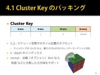  Cluster Key
 (i,j) : スクリーン空間でのタイル位置のオフセット
 タイルサイズが 32x32 なら、最大 8192x8192 のレンダーターゲットに対応
 k : depth のインデックス
 normal : 法線（オプション） 6bit なら
各面 3x3 に分割した立方体をサポート
34
8 bits 8 bits 10 bits (6 bits)
i j k normal
 