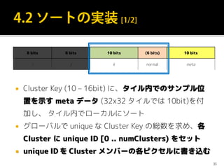  Cluster Key (10 – 16bit) に、タイル内でのサンプル位
置を示す meta データ (32x32 タイルでは 10bit)を付
加し、 タイル内でローカルにソート
 グローバルで unique な Cluster Key の総数を求め、各
Cluster に unique ID [0 .. numClusters) をセット
 unique ID を Cluster メンバーの各ピクセルに書き込む
35
8 bits 8 bits 10 bits (6 bits) 10 bits
i j k normal meta
 