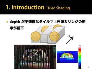  depth が不連続なタイルでは光源カリングの効
率が低下
6
+Z
 