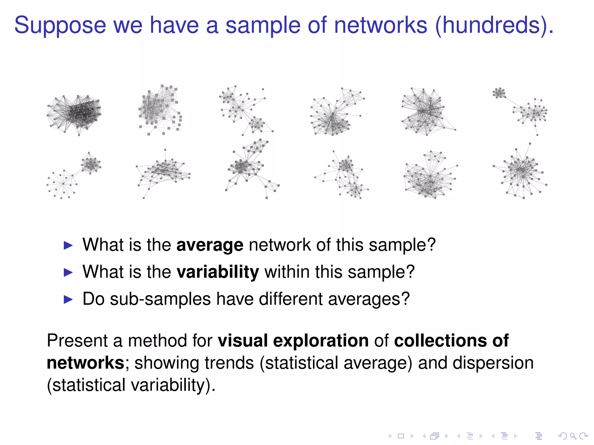 Suppose we have a sample of networks (hundreds).




      What is the average network of this sample?
      What is the variability within this sample?
      Do sub-samples have different averages?

  Present a method for visual exploration of collections of
  networks; showing trends (statistical average) and dispersion
  (statistical variability).
 