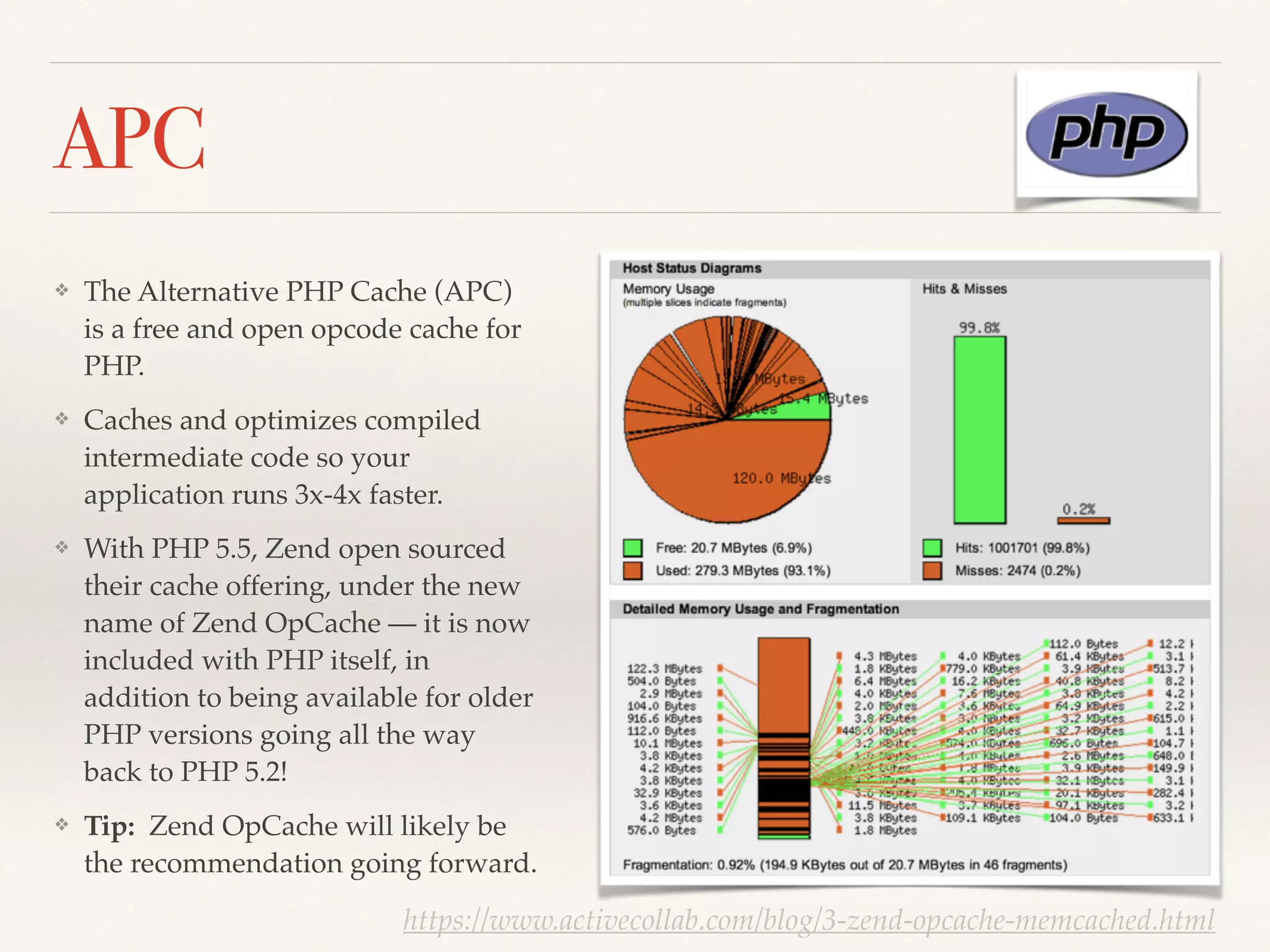 APC
❖ The Alternative PHP Cache (APC)
is a free and open opcode cache for
PHP.!
❖ Caches and optimizes compiled
intermediate code so your
application runs 3x-4x faster.!
❖ With PHP 5.5, Zend open sourced
their cache offering, under the new
name of Zend OpCache — it is now
included with PHP itself, in
addition to being available for older
PHP versions going all the way
back to PHP 5.2!!
❖ Tip: Zend OpCache will likely be
the recommendation going forward.
https://www.activecollab.com/blog/3-zend-opcache-memcached.html
 