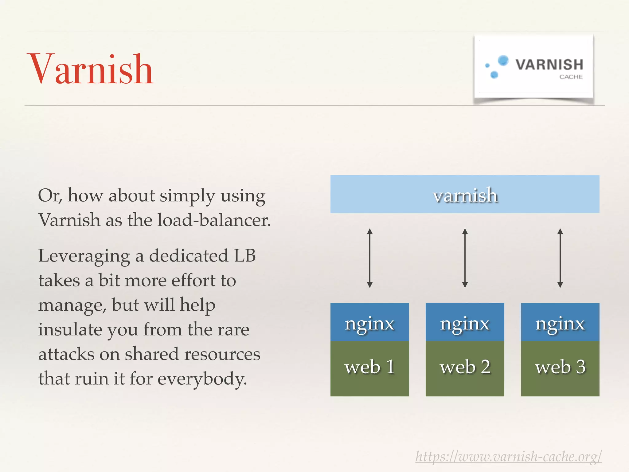 Varnish
Or, how about simply using
Varnish as the load-balancer.!
Leveraging a dedicated LB
takes a bit more effort to
manage, but will help
insulate you from the rare
attacks on shared resources
that ruin it for everybody.
https://www.varnish-cache.org/
web 1 web 2 web 3
nginx nginx nginx
varnish
 