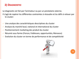 2) DIAGNOSTIC
Le diagnostic est fait par l’animateur ou par un prestataire externe.
Il s’agit de repérer les différentes contraintes à résoudre et les défis à relever par
le cluster:
 Une analyse des caractéristiques descriptives du cluster
 Analyse du marché local, national et international du cluster
 Positionnement marketing des produit du cluster
 Résumé sous forme (Forces; Faiblesses; opportunités; Menaces)
 Evolution du cluster en terme de performance et de compétitivité
15
 