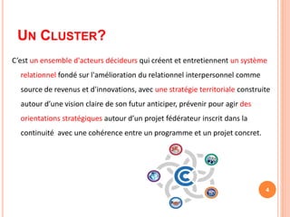 UN CLUSTER?
C’est un ensemble d'acteurs décideurs qui créent et entretiennent un système
relationnel fondé sur l'amélioration du relationnel interpersonnel comme
source de revenus et d'innovations, avec une stratégie territoriale construite
autour d’une vision claire de son futur anticiper, prévenir pour agir des
orientations stratégiques autour d’un projet fédérateur inscrit dans la
continuité avec une cohérence entre un programme et un projet concret.
4
 