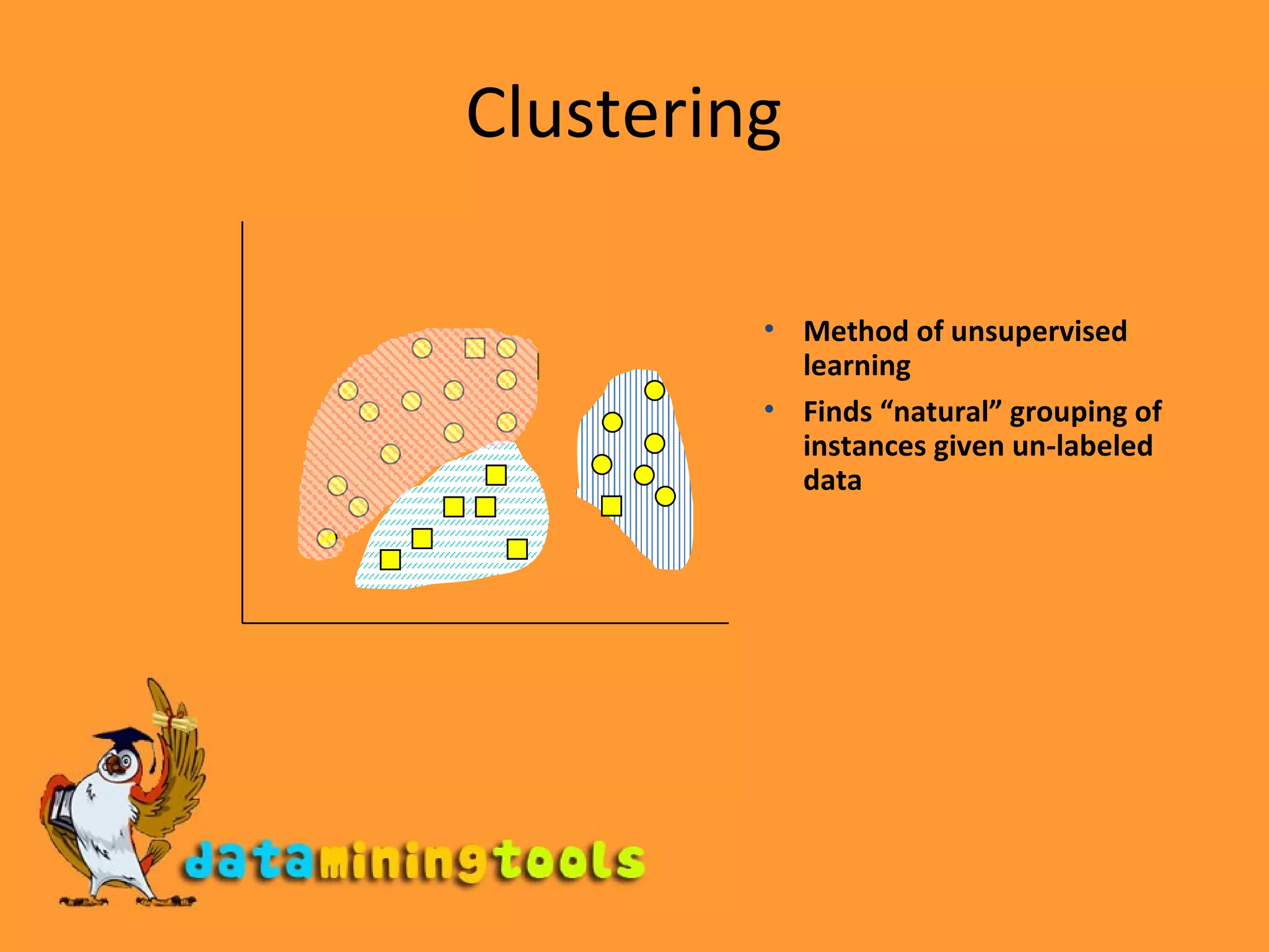 Clustering Method of unsupervised   learning Finds “natural” grouping of instances given un-labeled data 