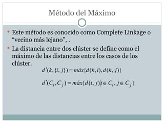 Método del Máximo <ul><li>Este método es conocido como Complete Linkage o “vecino más lejano”, . </li></ul><ul><li>La dist...