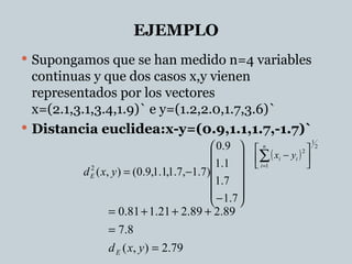 EJEMPLO <ul><li>Supongamos que se han medido n=4 variables continuas y que dos casos x,y vienen representados por los vect...