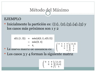 EJEMPLO Inicialmente la partición es: {{1}, {2},{3},{4},{5} y los casos más próximos son 1 y 2  La nueva matriz de distancia es: Los casos 3 y 4 forman la siguiente matriz Método del Máximo 