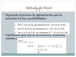 Siguiendo el proceso de aglomeración para la partición P4 hay 3 posibilidades: Calculando cada uno de los centros y la pérdida mínima queda: Método de Ward 