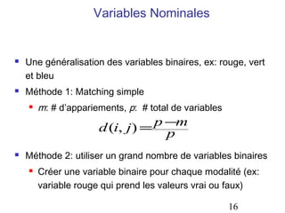 Variables Nominales


   Une généralisation des variables binaires, ex: rouge, vert
    et bleu
   Méthode 1: Matching simple
       m: # d’appariements, p: # total de variables
                                p −m
                      d (i, j) = p

   Méthode 2: utiliser un grand nombre de variables binaires
       Créer une variable binaire pour chaque modalité (ex:
        variable rouge qui prend les valeurs vrai ou faux)

                                                       16
 