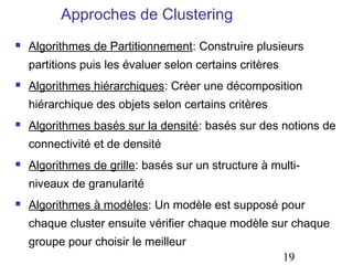 Approches de Clustering
   Algorithmes de Partitionnement: Construire plusieurs
    partitions puis les évaluer selon certains critères
   Algorithmes hiérarchiques: Créer une décomposition
    hiérarchique des objets selon certains critères
   Algorithmes basés sur la densité: basés sur des notions de
    connectivité et de densité
   Algorithmes de grille: basés sur un structure à multi-
    niveaux de granularité
   Algorithmes à modèles: Un modèle est supposé pour
    chaque cluster ensuite vérifier chaque modèle sur chaque
    groupe pour choisir le meilleur
                                                          19
 