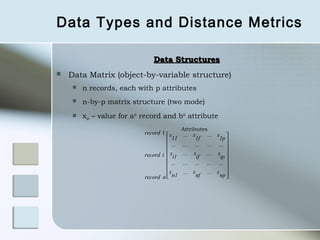 Data Types and Distance Metrics

                                Data Structures
   Data Matrix (object-by-variable structure)
        n records, each with p attributes
        n-by-p matrix structure (two mode)
        xab – value for ath record and bth attribute
                                              Attributes
                             record 1  x     ... x      ... x 
                                       11         1f         1p 
                                       ...   ... ...    ... ... 
                                                        ... x 
                             record i  xi1   ... x
                                                    if        ip 
                                       ...   ... ...    ... ... 
                                                                
                                      x      ... x      ... x 
                             record n  n1          nf        np 
 
