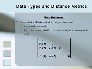 Data Types and Distance Metrics

                              Data Structures
   Dissimilarity Matrix (object-by-object structure)
        n-by-n table (one mode)
        d(i,j) is the measured difference or dissimilarity between record i
         and j

                        0                         
                        d(2,1)      0             
                                                  
                        d(3,1) d ( 3,2) 0         
                                                  
                           :        :     :       
                       d ( n,1) d ( n,2) ... ... 0
                                                  
 