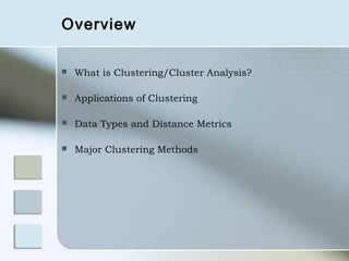 Overview

   What is Clustering/Cluster Analysis?

   Applications of Clustering

   Data Types and Distance Metrics

   Major Clustering Methods
 