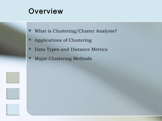 Overview

   What is Clustering/Cluster Analysis?
   Applications of Clustering
   Data Types and Distance Metrics
   Major Clustering Methods
 