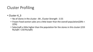 Cluster Profiling
? Cluster 4_3
? No of stores in the cluster : 84 , Cluster Strength : 3.55
? Frozen Food section sales are a little lower than the overall population(20% <
22%)
? Sales/sqft a little higher than the population for the stores in this cluster (233
Rs/sqft > 210 Rs/sqft)
 
