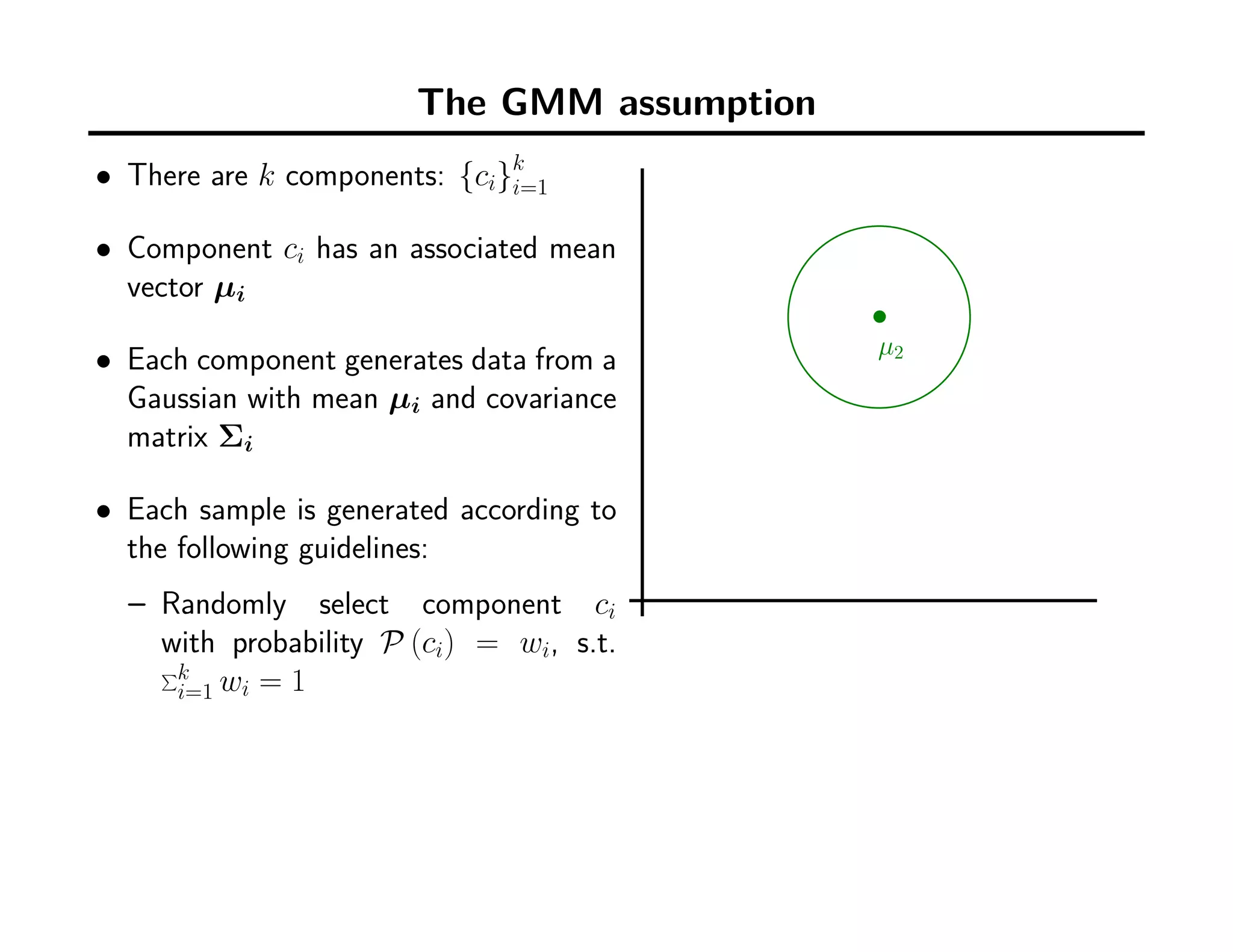 The GMM assumption
• There are k components: {ci}k
i=1
• Component ci has an associated mean
vector µi
• Each component generates data from a
Gaussian with mean µi and covariance
matrix Σi
• Each sample is generated according to
the following guidelines:
– Randomly select component ci
with probability P (ci) = wi, s.t.
∑k
i=1 wi = 1
µ2
 