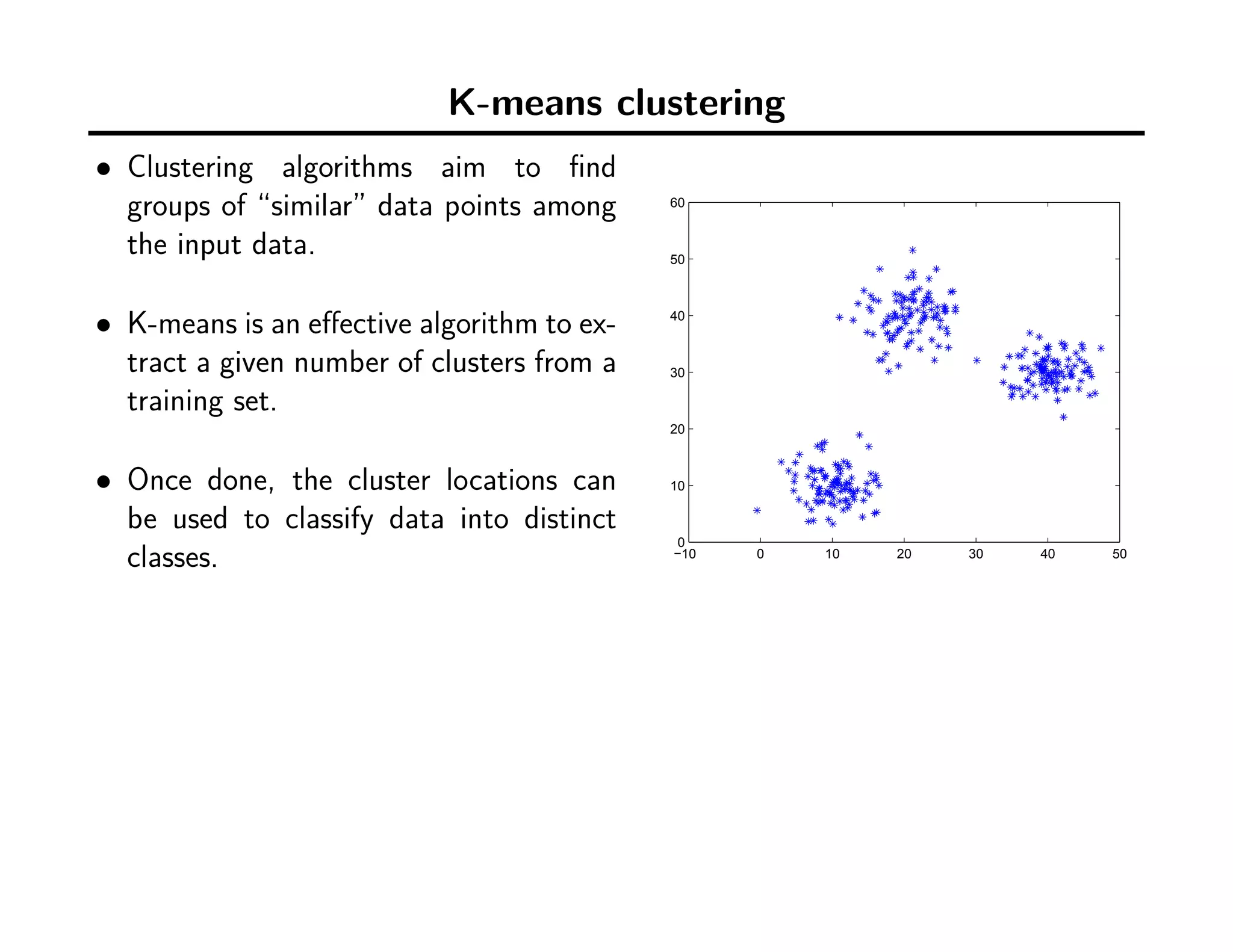 K-means clustering
• Clustering algorithms aim to ﬁnd
groups of “similar” data points among
the input data.
• K-means is an eﬀective algorithm to ex-
tract a given number of clusters from a
training set.
• Once done, the cluster locations can
be used to classify data into distinct
classes. −10 0 10 20 30 40 50
0
10
20
30
40
50
60
 