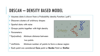 DBSCAN – DENSITY BASED MODEL
➢ Assumes data is drawn from a Probability density Function ( pdf )
➢ Discovers clusters of arbitrary shapes
➢ Spatial data with noise
➢ Groups points together with high density
➢ Parameters:
* Eps(radius): Minimum distance between
two points
* minPoints: Minimum number of points to form a dense region
➢ Each point are considered Core point or Border Point or Outlier
 