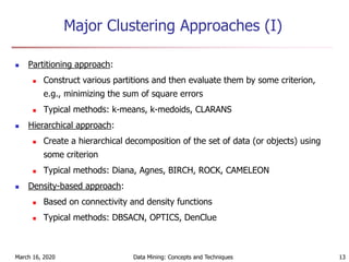 March 16, 2020 Data Mining: Concepts and Techniques 13
Major Clustering Approaches (I)
 Partitioning approach:
 Construct various partitions and then evaluate them by some criterion,
e.g., minimizing the sum of square errors
 Typical methods: k-means, k-medoids, CLARANS
 Hierarchical approach:
 Create a hierarchical decomposition of the set of data (or objects) using
some criterion
 Typical methods: Diana, Agnes, BIRCH, ROCK, CAMELEON
 Density-based approach:
 Based on connectivity and density functions
 Typical methods: DBSACN, OPTICS, DenClue
 